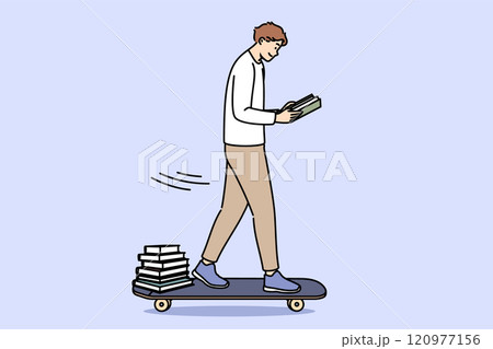 Guy student reads book and rides skateboard, preparing for exam on way home from college Guy student reads book and rides skateboard, preparing for exam on way home from college 120977156