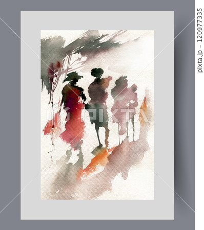 Silhouettes of pedestrians walking along streets of scary city on poster. Watercolor artwork Silhouettes of pedestrians walking along streets of scary city on poster. Watercolor artwork 120977335