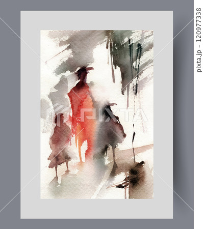 Pedestrians walk through city at night holding hands on poster. Watercolor artwork 120977338