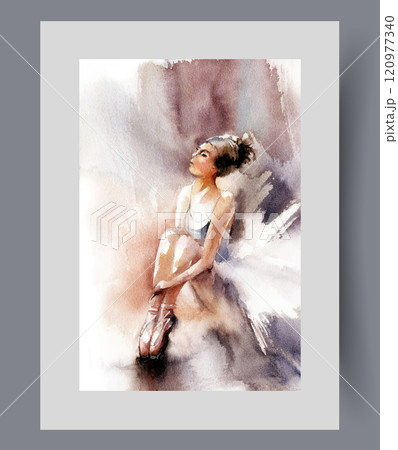 Pensive woman ballerina sits on floor and stretches out socks on wall art. Watercolor artwork 120977340