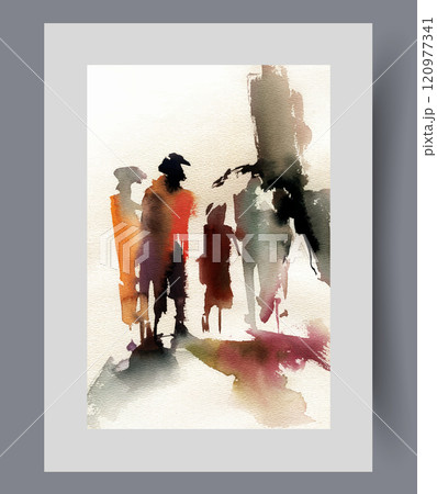 Dark city with silhouettes of people wandering streets at night on poster. Watercolor artwork Dark city with silhouettes of people wandering streets at night on poster. Watercolor artwork 120977341