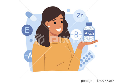 Girl takes vitamins from A to Zn to improve immunity and avoid diseases, negatively affect health 120977367