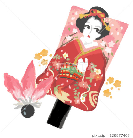 赤い華やかな着物を着た日本女性の羽子板と羽 赤い華やかな着物を着た日本女性の羽子板と羽 120977405
