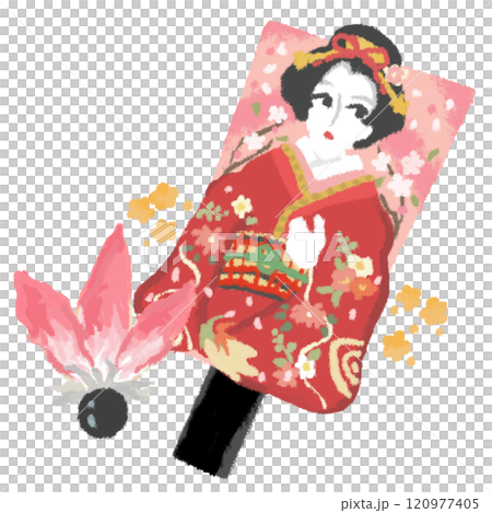 赤い華やかな着物を着た日本女性の羽子板と羽 赤い華やかな着物を着た日本女性の羽子板と羽 120977405