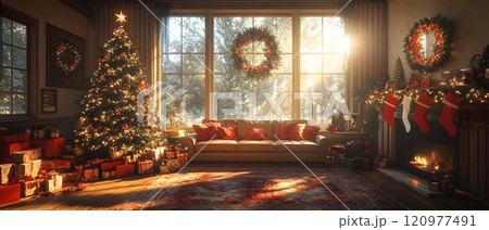 Warm atmosphere during Christmas gives feeling of happiness, peace and friendliness, used as advertisement, decoration during Christmas season to create impressive atmosphere and attract the audience 120977491