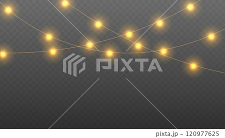 Christmas lights on a transparent background. Decorative element for greeting cards, invitations, backgrounds, business cards. Christmas light PNG. Vector illustration EPS10 120977625