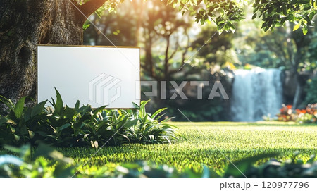 Beautiful corner in a golf course with neat grass, shady trees, water or waterfalls to provide freshness, giving a sense of peace and relaxation. Suitable for promoting resorts and tourism campaigns. 120977796
