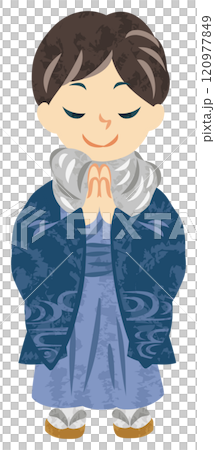 一個穿著和服的男人雙手合十祈禱的插圖 120977849