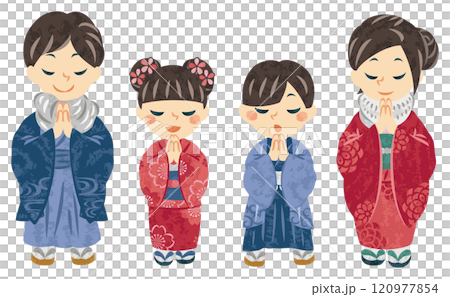 元旦一家人穿著和服雙手合十祈禱的插畫 120977854