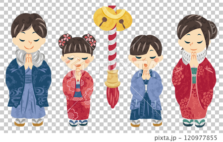 元旦一家人穿著和服雙手合十祈禱的插畫 120977855
