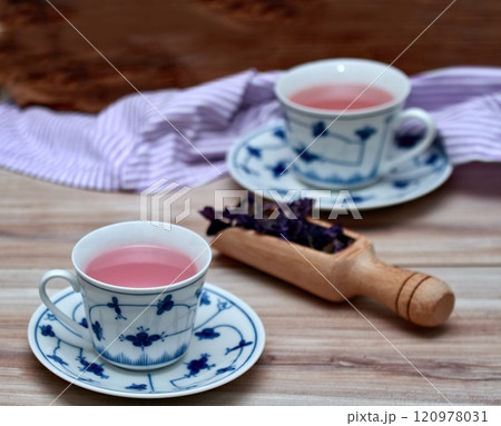 Two cups of herbal tea from dried flowers of Wild mallow, lat.  Malva sylvestris. 120978031