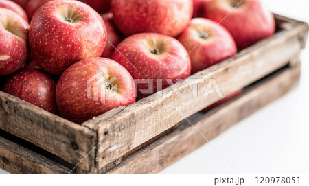 Freshly harvested red apples in wooden crate for farm produce display and autumn decor 120978051