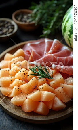 Parma Ham with cantaloupe is a perfect match, giving a feeling of freshness, luxury and taste. Suitable for use in food advertising media, menu presentations or premium dining lifestyle content. 120978302