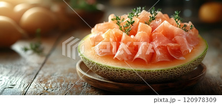 Parma Ham with cantaloupe is a perfect match, giving a feeling of freshness, luxury and taste. Suitable for use in food advertising media, menu presentations or premium dining lifestyle content. 120978309