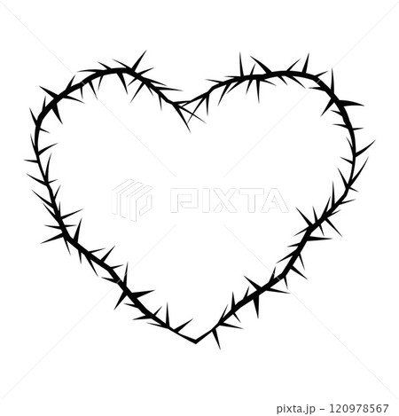 Thorn stem vine plant with spikes simple border heart y2k creepy branch. Barbed wire tattoo. Boundary frame. Romantic goth 120978567