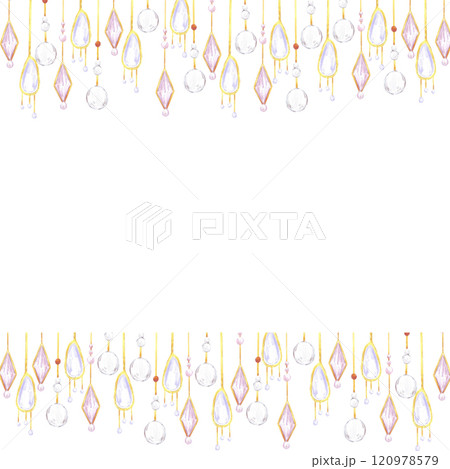 Christmas garlands frame border. Hand drawn watercolor illustration of beads and gemstones isolated on white background. Can be used for postcard, invitation, scrapbook and other printed products. 120978579
