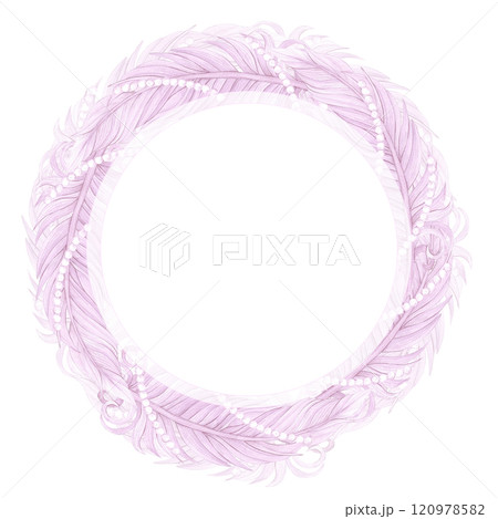 Carnival pink feather with pearls frame border. Hand drawn watercolor masquerade illustration isolated on white background. Can be used for postcard, label, scrapbook and other printed products. 120978582
