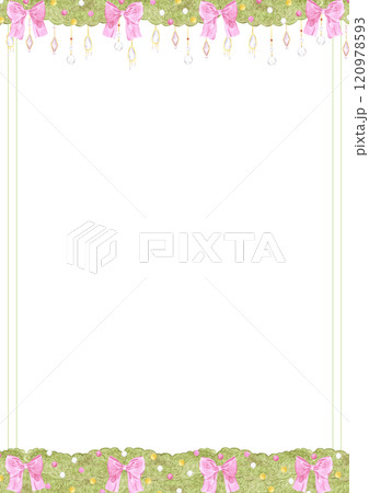 Christmas garlands frame border. Hand drawn watercolor illustration of spruce with bows isolated on white background. Can be used for postcard, label, scrapbook and other printed products. Christmas garlands frame border. Hand drawn watercolor illustration of spruce with bows isolated on white background. Can be used for postcard, label, scrapbook and other printed products. 120978593