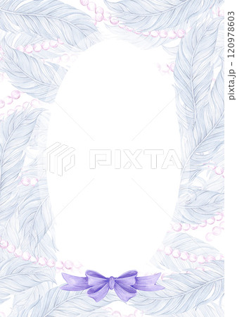 Carnival blue feathers with pearls and bow frame border. Hand drawn watercolor masquerade illustration isolated on white background. Can be used for postcard, invitation and other printed products. Carnival blue feathers with pearls and bow frame border. Hand drawn watercolor masquerade illustration isolated on white background. Can be used for postcard, invitation and other printed products. 120978603