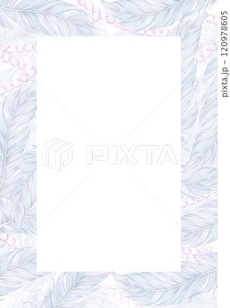 Carnival blue feather with pearls frame border. Hand drawn watercolor masquerade illustration isolated on white background. Can be used for postcard, label, scrapbook and other printed products. 120978605