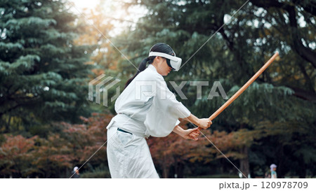 Virtual reality, cyber and Asian woman with sword for martial arts, Kendo practice and exercise. Culture, metaverse and person with shinai, VR tech and goggles for skill, fight and training in Japan Virtual reality, cyber and Asian woman with sword for martial arts, Kendo practice and exercise. Culture, metaverse and person with shinai, VR tech and goggles for skill, fight and training in Japan 120978709