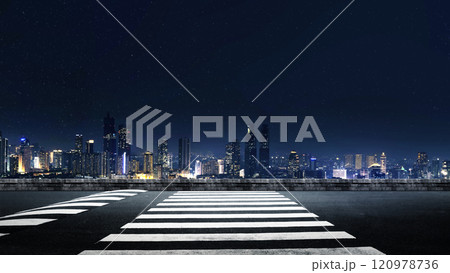 Empty asphalt road with pedestrian crosswalk and view of modern building skyscrapers and futuristic architecture with night scene background Empty asphalt road with pedestrian crosswalk and view of modern building skyscrapers and futuristic architecture with night scene background 120978736