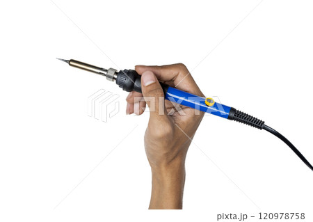 Man technician holding a electric solder isolated over white background Man technician holding a electric solder isolated over white background 120978758