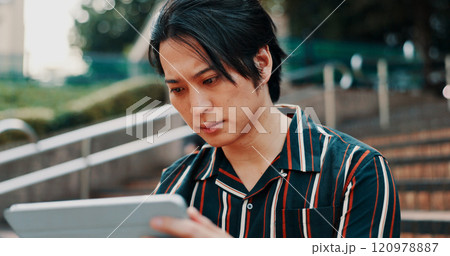 Japanese man, city and tablet with reading, serious and planning for property or management. Male person, tech and news for growth, investment and opportunity in real estate development as architect Japanese man, city and tablet with reading, serious and planning for property or management. Male person, tech and news for growth, investment and opportunity in real estate development as architect 120978887