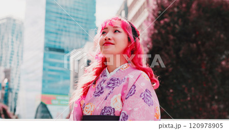 Urban, smile and face of woman with kimono, thinking and sightseeing adventure in traditional fashion. City culture, identity and girl in Japanese clothes, happy ideas and morning travel in low angle Urban, smile and face of woman with kimono, thinking and sightseeing adventure in traditional fashion. City culture, identity and girl in Japanese clothes, happy ideas and morning travel in low angle 120978905