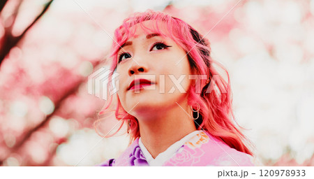 Cherry blossom, park and face of woman with kimono, thinking or outdoor sightseeing in nature with low angle. Culture, inspiration and Japanese girl in spring garden for traditional sakura festival Cherry blossom, park and face of woman with kimono, thinking or outdoor sightseeing in nature with low angle. Culture, inspiration and Japanese girl in spring garden for traditional sakura festival 120978933