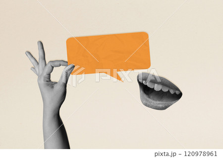 A human hand holding a empty speech bubble from a human mouth on a colored background 120978961