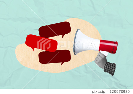 A human hand holding megaphone with a speech bubble on a colored background 120978980
