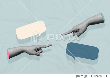 A human hand pointing each other and showing a speech bubble with a colored background 120978981