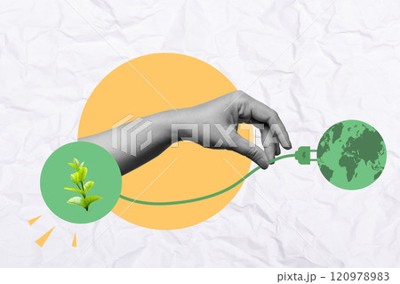 Human hand plug the electric cable from green plant to green earth on a colored background Human hand plug the electric cable from green plant to green earth on a colored background 120978983