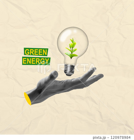 Human hand showing green plant in a light bulb with text of green energy on a colored background Human hand showing green plant in a light bulb with text of green energy on a colored background 120978984