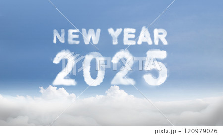 Clouds with text of New Year 2025 with blue sky background 120979026