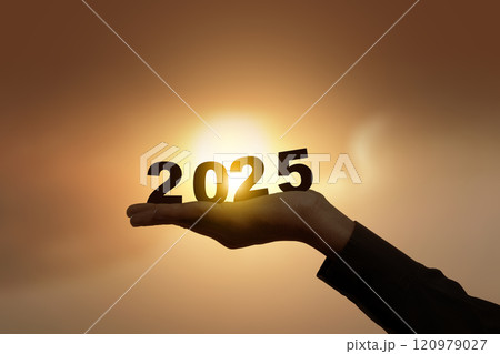 Business hand showing of 2025 number on his palm 120979027