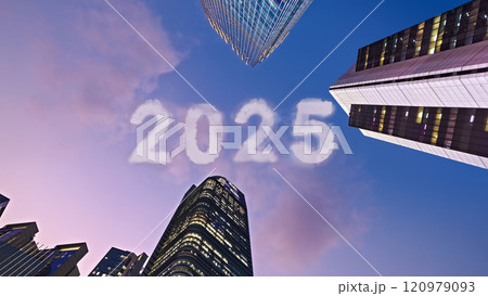 Clouds with 2025 number with modern building and skyscrapers background Clouds with 2025 number with modern building and skyscrapers background 120979093