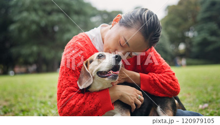 Nature, hug and woman with dog in forest for bonding, companion and love for adoption. Happy, connection and Japanese female person with beagle puppy for pet outdoor in woods for playing together. Nature, hug and woman with dog in forest for bonding, companion and love for adoption. Happy, connection and Japanese female person with beagle puppy for pet outdoor in woods for playing together. 120979105