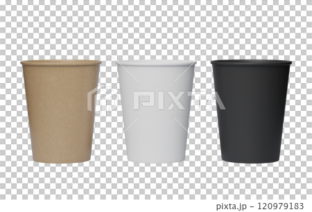 three paper cups on the floor 3D render mock up image 120979183