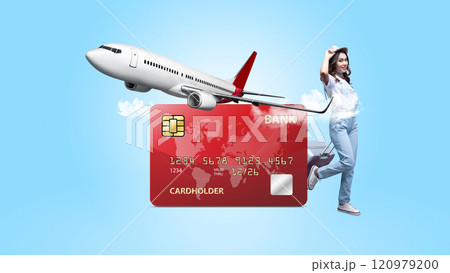 Portrait of woman in hat carrying suitcase with credit card and flying commercial airplane in the sky background Portrait of woman in hat carrying suitcase with credit card and flying commercial airplane in the sky background 120979200