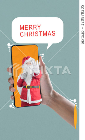 Santa claus carrying a gift bag and text of merry christmas showing from mobile phone screen on colored background Santa claus carrying a gift bag and text of merry christmas showing from mobile phone screen on colored background 120979205