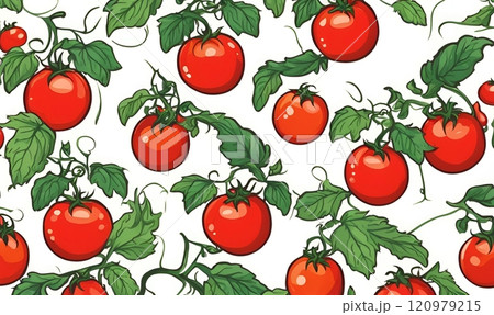 Illustration cartoon of red tomatoes on the vine, showcasing their rich color and natural appeal, perfect for adding charm to any artwork. AI Generated 120979215