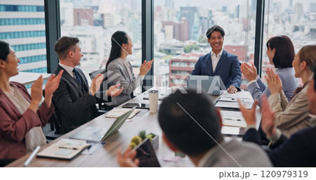 Business, people and happy with applause at boardroom for achievement or congratulations on investment in Japan. Office, employees and smile proud with clapping hands as accountant for teamwork Business, people and happy with applause at boardroom for achievement or congratulations on investment in Japan. Office, employees and smile proud with clapping hands as accountant for teamwork 120979319