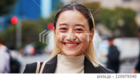 Business woman, smile and portrait in city for travel, excited and pride for legal career in street. Person, happy and corporate lawyer with confidence on urban sidewalk for commute to work in Japan Business woman, smile and portrait in city for travel, excited and pride for legal career in street. Person, happy and corporate lawyer with confidence on urban sidewalk for commute to work in Japan 120979340