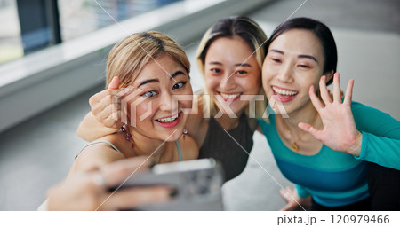 Selfie, friends and happy for fitness, influencer and picture in yoga class, break and memory for women. Healthy, personal trainer and photography for moment, people and smile for workout and Japan Selfie, friends and happy for fitness, influencer and picture in yoga class, break and memory for women. Healthy, personal trainer and photography for moment, people and smile for workout and Japan 120979466