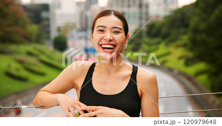 Fitness, laughing and portrait of woman in Japan for cardio or marathon training routine. Exercise, funny and smile of happy Japanese sports athlete or runner on bridge for health or wellness Fitness, laughing and portrait of woman in Japan for cardio or marathon training routine. Exercise, funny and smile of happy Japanese sports athlete or runner on bridge for health or wellness 120979648