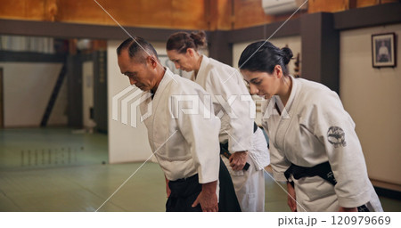Bow, greeting and students in martial arts studio for practice, training or self defense class. Culture, karate and group of people with respect or etiquette gesture to master in dojo for honor. Bow, greeting and students in martial arts studio for practice, training or self defense class. Culture, karate and group of people with respect or etiquette gesture to master in dojo for honor. 120979669
