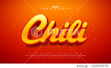 Chili 3D Text Effect Design Editable and Scalable Vector Graphic Style Effect with 3d Hot Red Paprika Lettering on Red Background. Premium Pepper Typography Mockup Illustration Template for Greeting 120979770