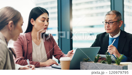 Japan, laptop and business people in meeting, feedback and conversation with connection. Employees, global traders and group in modern office, computer and planning for progress, idea or internet 120979795